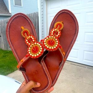 “Elegant Brown Leather Beaded Sandals – A Fusion of Tradition